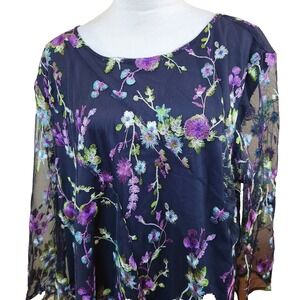 Guillaume Womens Floral Top Plus Sz 2X Blue & Purple Embroidered Chiffon Blouse